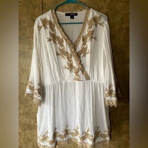 Denim 24/7 Boho Hippie Artsy Embroidered Lace Flowy Top Blouse 18W White Beige